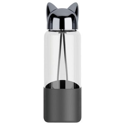 Bouteille d’eau en verre 350 ml bouchon tête de chat (Noir)